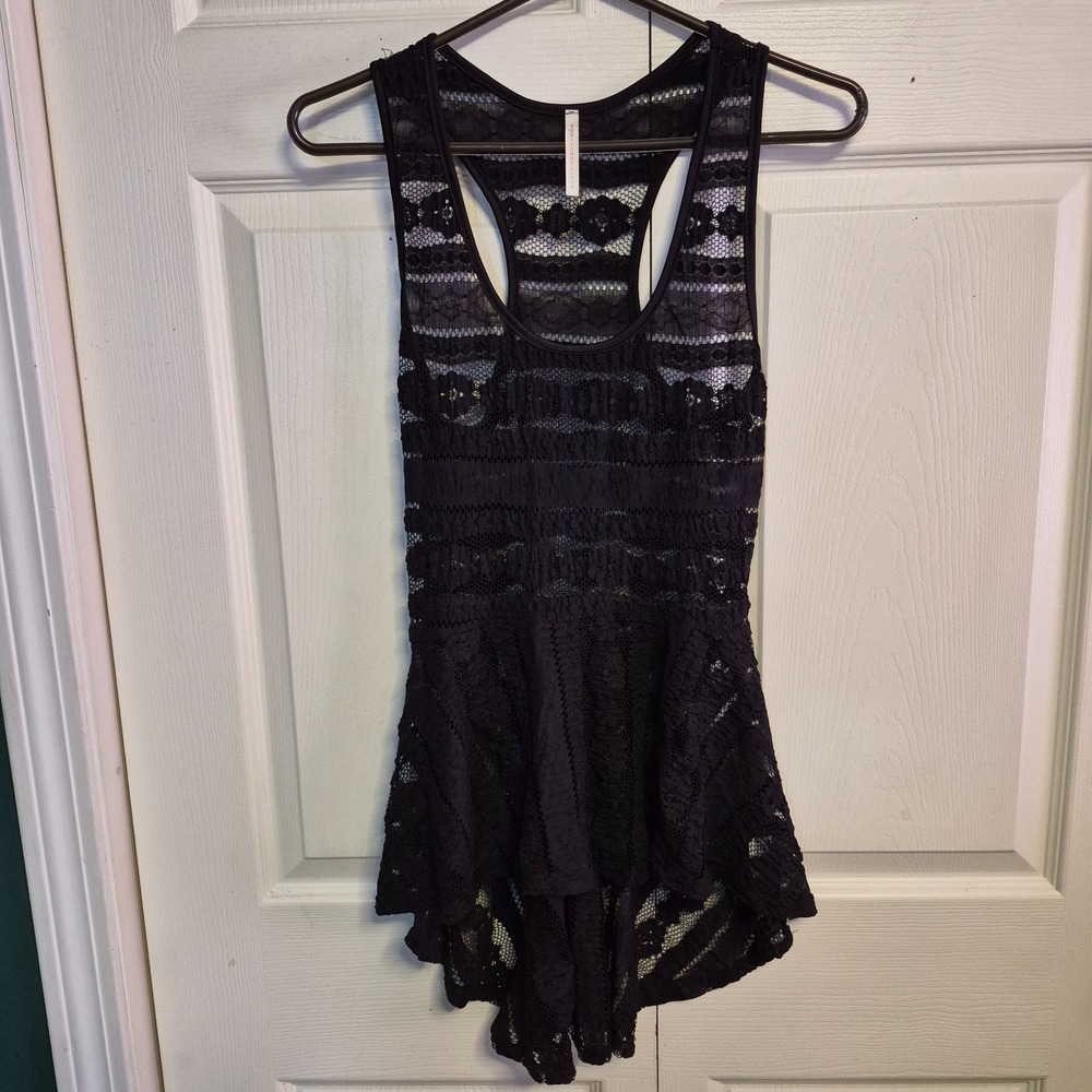 Whimsigoth Witchy Bohemian Tunic Tank Top Womens (M) Black Lace Sheer Crochet